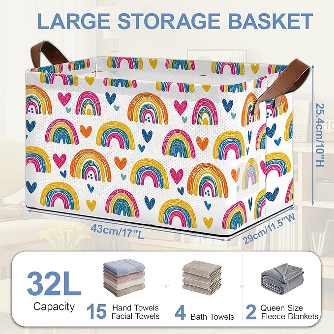 Rainbow Storage Baskets,Heart Foldable Organizer Bin with Handles for Home Living Room Bedroom Closet Box 17x11.5x10Inch