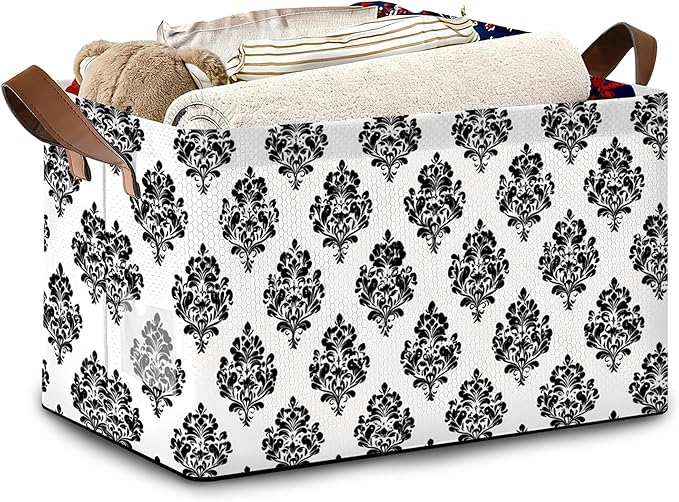 Vintage Damask Floral Storage Baskets,Foldable Large Capacity Organizer Bins with Waterproof Lining and Leather Handles for Closet,Shelf,Bedroom 17x11.5x10Inch