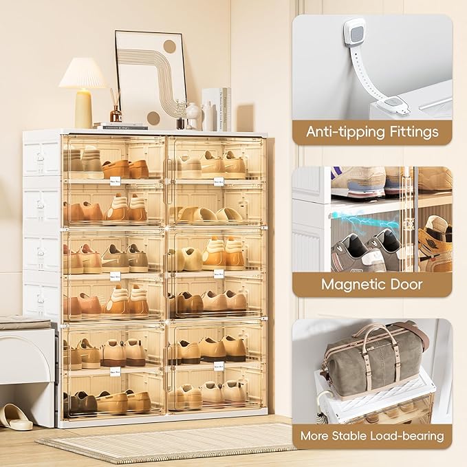 JEKO&JEKO 10-Tier Foldable Shoe Storage Box with Magnetic Doors, Large Stackable Shoe Organizer Cabinet for Entryway, Clear Front Door Shoe Boxes Hold Up to 40 Pairs (White)
