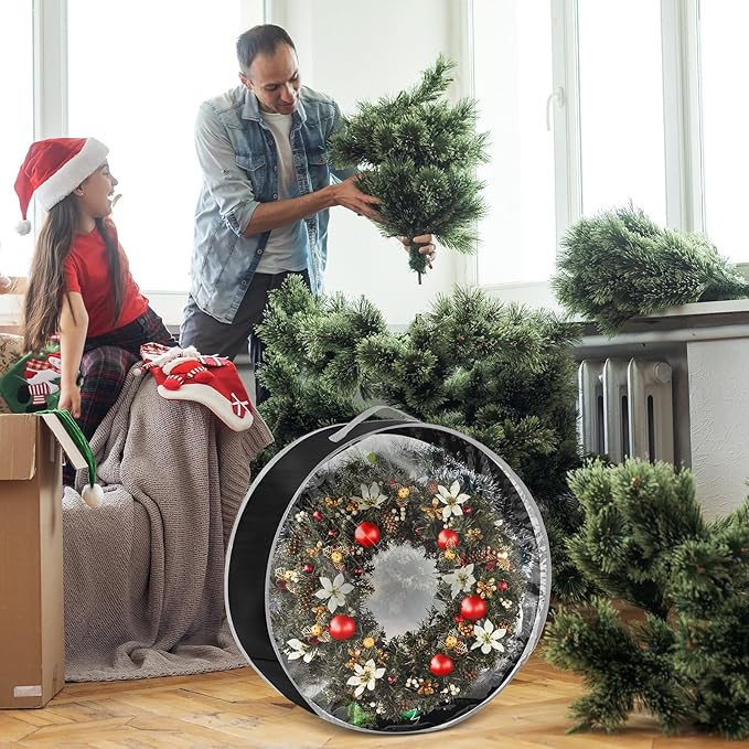 4 Pcs Christmas Wreath Storage Bag, Christmas Garland Storage Container with Clear Window, Zipper & Handle for Xmas Holiday Seasonal Wreath Garland Box(Black,30")