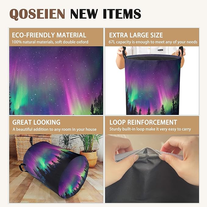 Northern Lights Laundry Hamper,Collapsible Laundry Baskets,Dark Forest Dirty Clothes Baskets with Handles,Oxford Cloth Hamper for Bedroom,Bathroom,College Dorms, 16"x20"