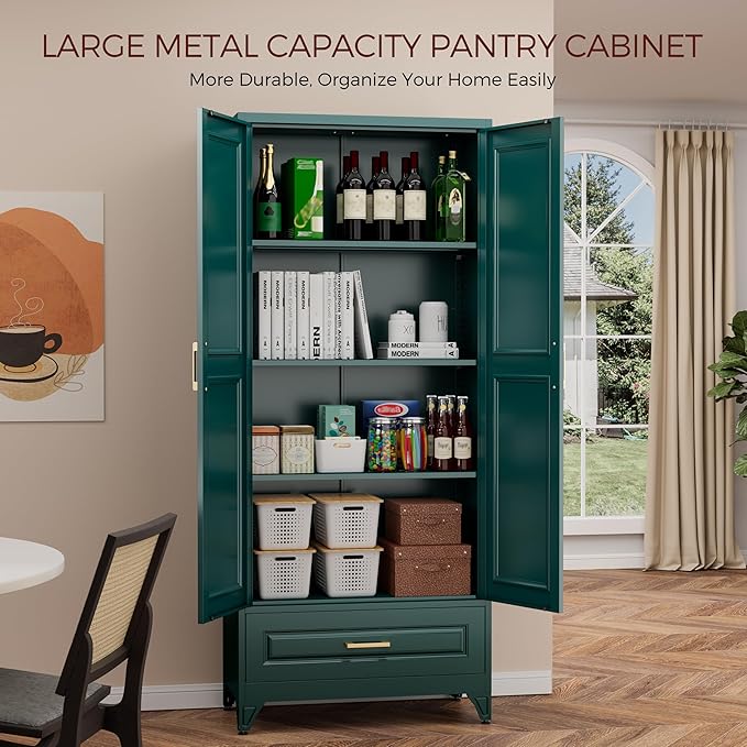 75" Kitchen Pantry Cabinet with Drawer, Metal Storage Cabinets with Doors and Adjustable Shelves, Green Tall Pantry Cabinet for Dinning Living Room, Home