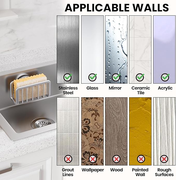 TAILI Sponge Holder for Kitchen Sink with Strong Suction Cup, Rustproof Aluminum Sink Caddy for Sponges, Removable Sponge Holder, Dish Brush for Scraper - Silver