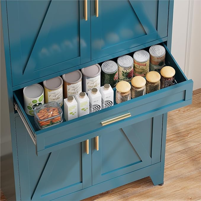 COFaR 71'' Tall Metal Pantry Cabinet with Drawer, Kitchen Storage Cabinet with 4 Doors and Shelves, Freestanding Farmhouse Food Cupboard for Kitchen Dinning Room Garage, Peacock Blue 6-Tier