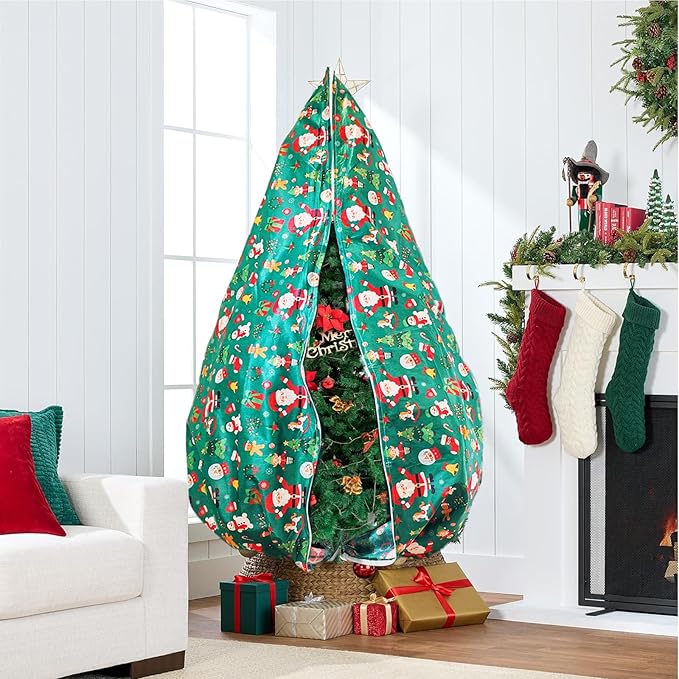 Upright Christmas Tree Storage Bag,Fits Up to 9 ft Tall Artificial Tree,Large Holiday Xmas Tree Cover Upright Tree Dustproof Bag with Zipper & Drawstring 6.6ft(W)*9.2ft(H) *52in(Dia) (Green)