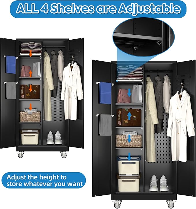 Garage Storage Cabinet with Wheels and 5 Pegboard, Broom Closet Storage Cabinet with Hanging Rod and 13 Hooks, Metal Cabinets with 4 Shelves for Garage, Home, 71"H x 31.5"W x 15.75"D, Black