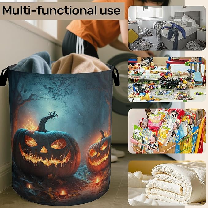 Pumpkin Halloween Laundry Basket - Heavy Duty 60L Dirty Clothes Organizer, Water Resistant Foldable Hamper for Men Women