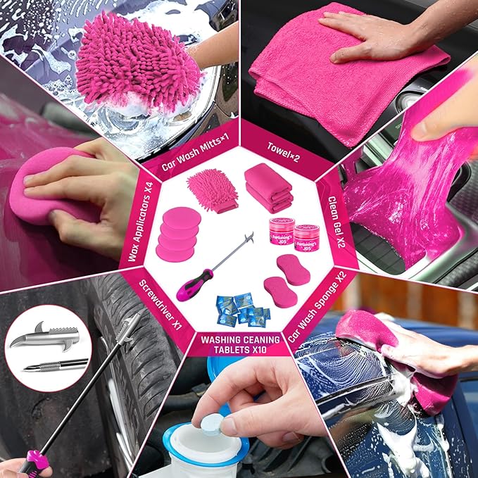47PCS Car Detailing Kit Interior Cleaner, Car Cleaning Supplies with High Power Car Vacuum Cleaner,Auto Detailing Kit,Car Wash Kit with Bucket Detailing Brush Set,Pink Car Accessories for Women