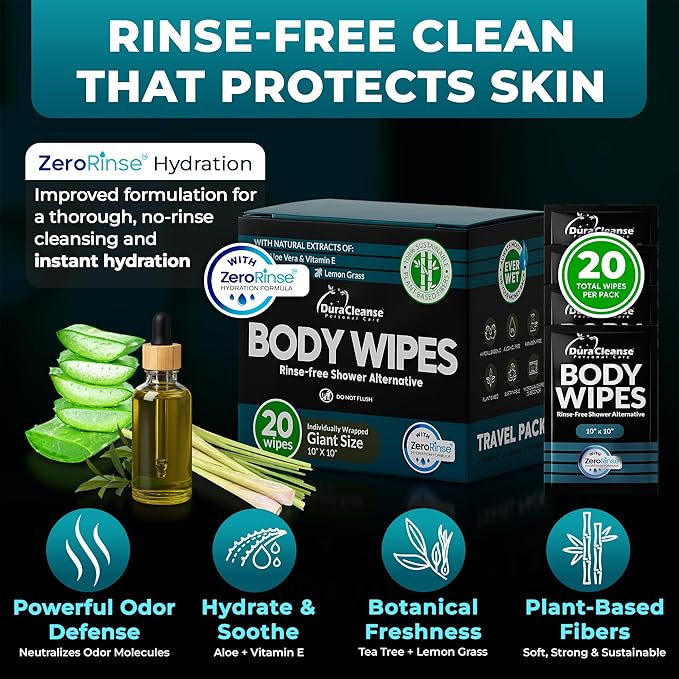 Travel Body Wipes for Men - 20 XL Shower Wipes for Adults Bathing No Rinse - Individually Wrapped 10”x10” Disposable Washcloths, Face Towels, Gym Mens Deodorant Sheets, Camping Essentials & Must Haves