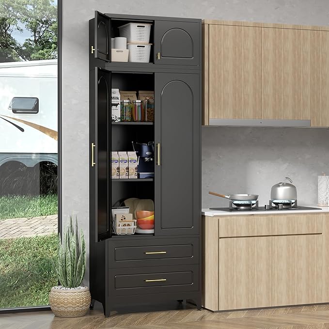 90" Pantry Kitchen Cabinet with Drawer, 75" Pantry Cabinets with 15" Cabinets, Freestanding Kitchen Storage Cabinet for Dining Room, Living Room, Alacena para Cocina, Assembly Required, Black