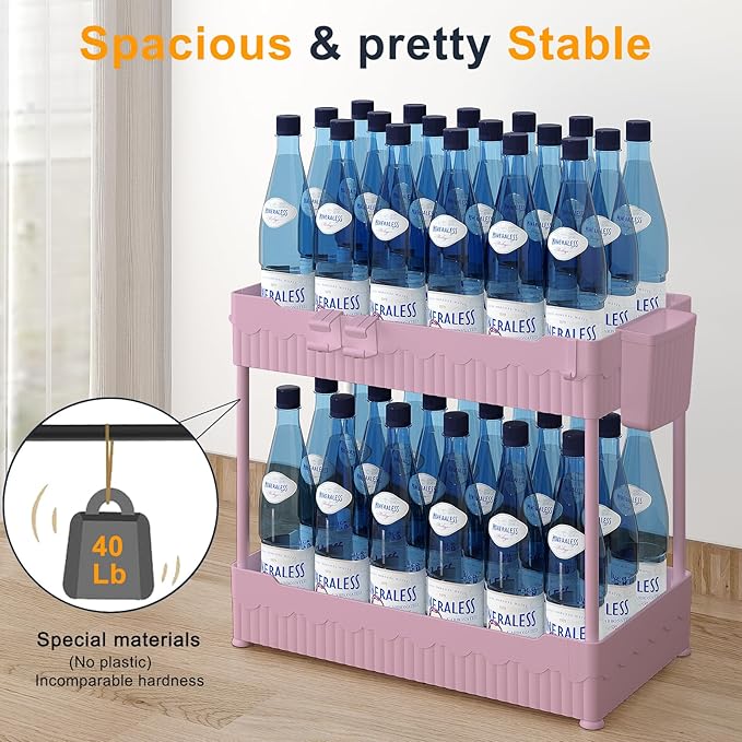 Sevenblue 2 Pack Under Sink Organizer, Under Bathroom Cabinet Organizer with Hooks Hanging Cup, Multi-Purpose Storage Shelf for Kitchen Bathroom (Pink, L)
