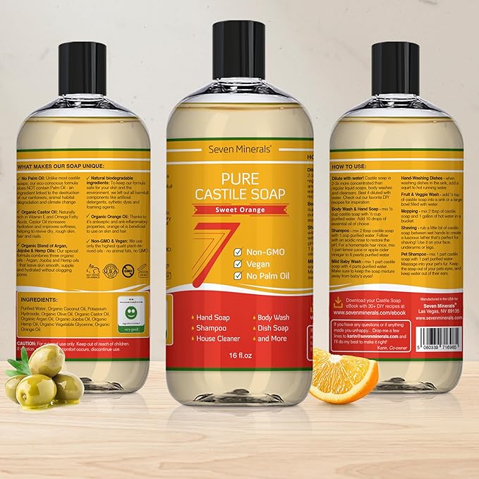 Seven Minerals Pure Castile Soap, Sweet Orange 16oz - No Palm Oil, GMO-Free - Gentle Liquid Soap For Sensitive Skin & Baby Wash - All Natural Vegan Formula with Organic Carrier Oils