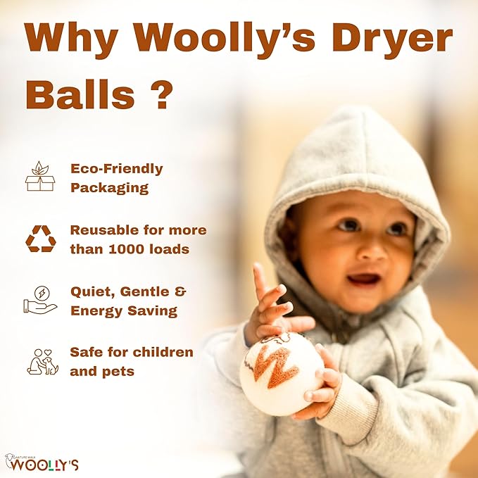 Woolly's Wool Dryer Balls – 100% Pure New Zealand Wool, Reusable Natural Fabric Softener, Reduces Drying Time & Clothes Wrinkles, Chemical-Free Dryer Balls (Pack of 3)