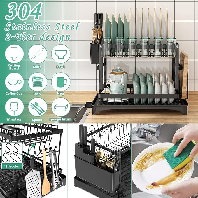 XLMYS Dish Drying Rack, 2 Tier Large Dish Drying Rack for Kitchen Counter with Drainboard Stainless Steel Dish Drainer for Dish/Knifes/Cup/Cutting Board, Black