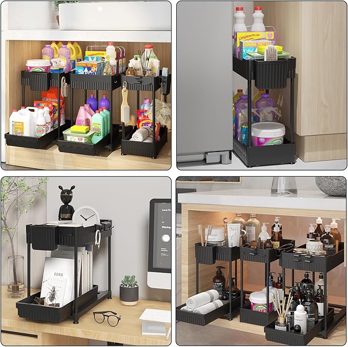 Sevenblue 3 Pack Under Sink Organizers, 2-Tier Multi-Use Kitchen and Bathroom Organizers and Storage with Sliding Drawers，Bathroom Cabinet Organizer (Black, 14.8 Inch)