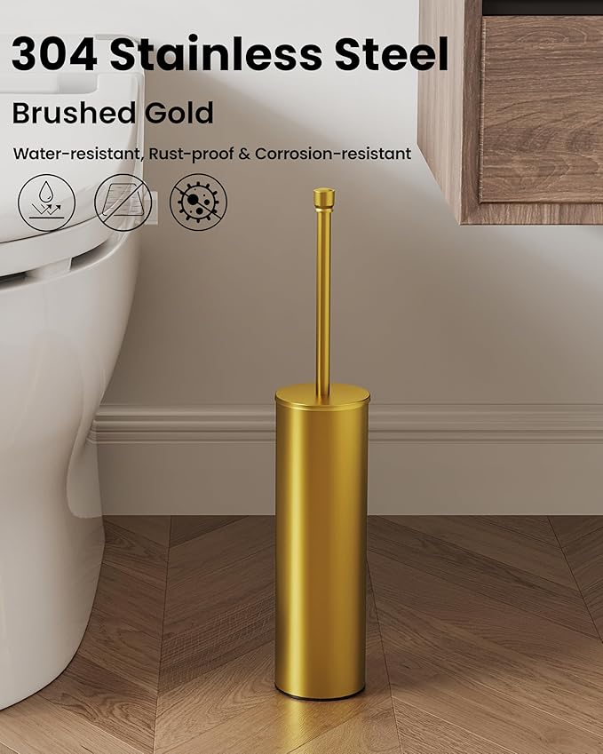 WZKALY Toilet Brush and Holder Set, Toilet Bowl Brush for Bathroom with Long Handle, Stainless Steel Toilet Cleaner Brush with Durable Scrubbing Bristles,Splash-Prooft (Brushed Gold)