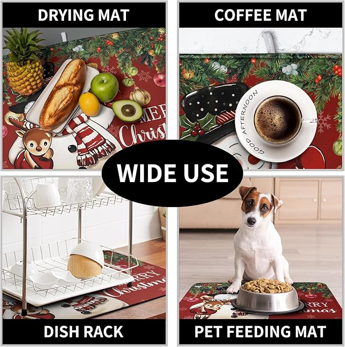 Kwlegh Christmas Dish Drying Mats for Kitchen Counter 16x18 Cute Snowman Red Dish Drying Pad for Dishes Winter Xmas Holiday Dish Draining Mat Absorbent Microfiber Dish Drainer Rack Mats