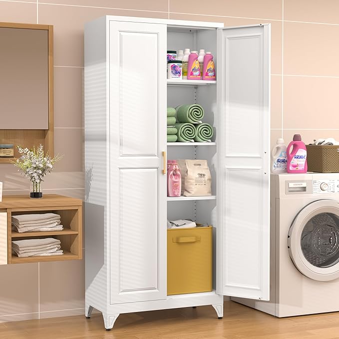75” Metal Tall Kitchen Pantry Cabinet,Metal Storage Cabinet with Doors and Adjustable Shelves,Modern Kitchen Hutch Cabinets,Freestanding Cupboard for Dining Living Room