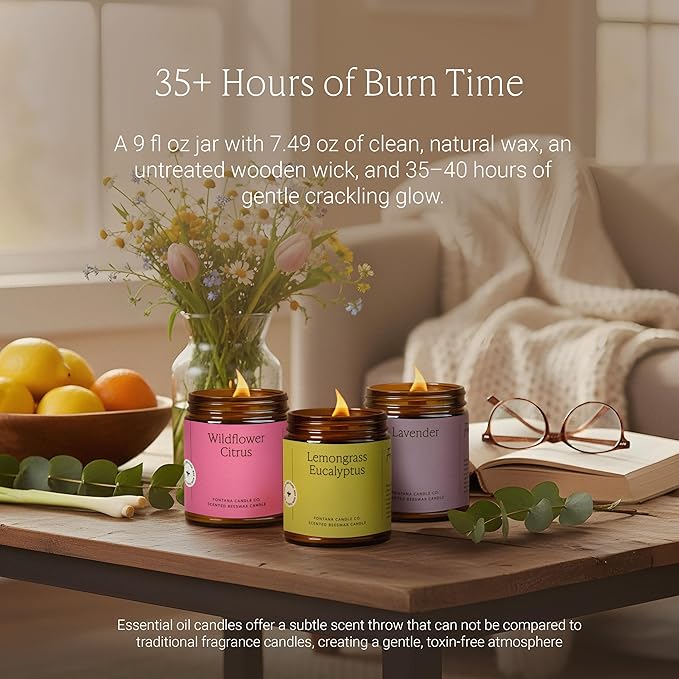 Fontana Candle Co Wood Wick Beeswax Jar Candles - 3-Jar Spring Bundle - Made with Coconut Oil & Pure Essential Oils – Clean Burn, Long Lasting and Non-Toxic Candles for Home & Room Decor
