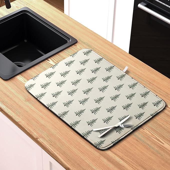 Kwlegh Christmas Tree Dish Drying Mat Winter Xmas Holiday Drying Mats Microfiber Absorbent Dishes Drying Pad Reusable Washable Kitchen Countertop Protector Dish Drainer Rack Mat 16x18 Inch