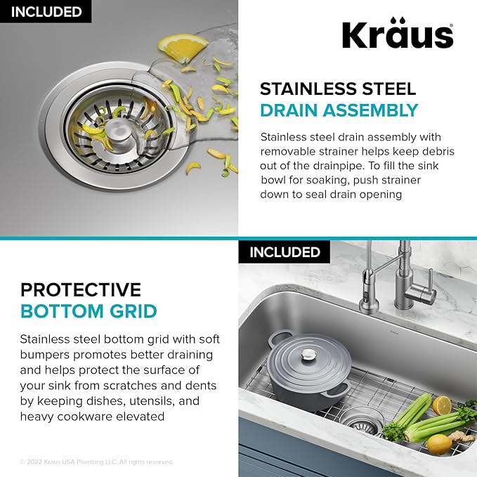 KRAUS Premier 32-inch Undermount Single Bowl 18-Gauge Stainless Steel Kitchen Sink with Bottom Grid and Strainer, KBU44
