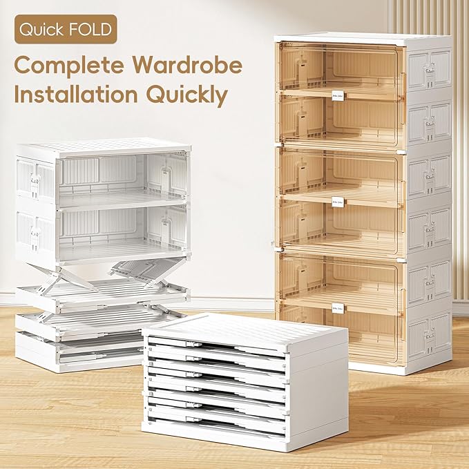 JEKO&JEKO 8-Tier Foldable Shoe Storage Box with Magnetic Doors, Large Stackable Shoe Organizer Cabinet for Entryway (White)