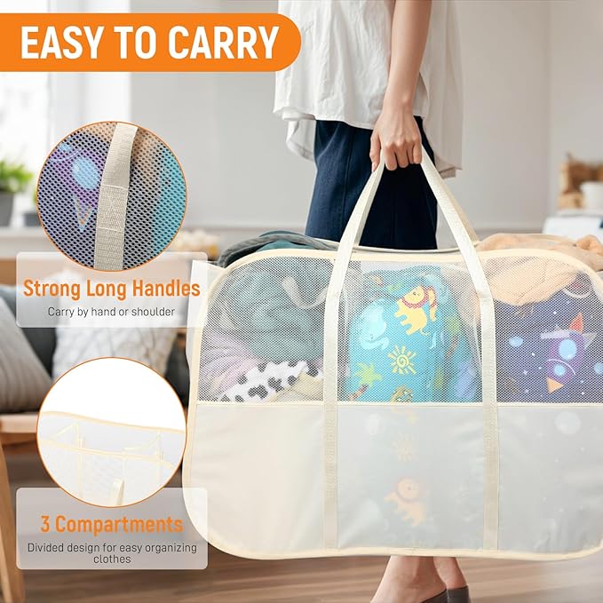 Collapsible Laundry Baskets with 3 Compartment, 150L Tear-proof Pop Up Hamper, Foldable Laundry Basket with Tote Handles, Dirty Clothes Hamper for Laundry, Bedroom, Bathroom, Dorm Beige