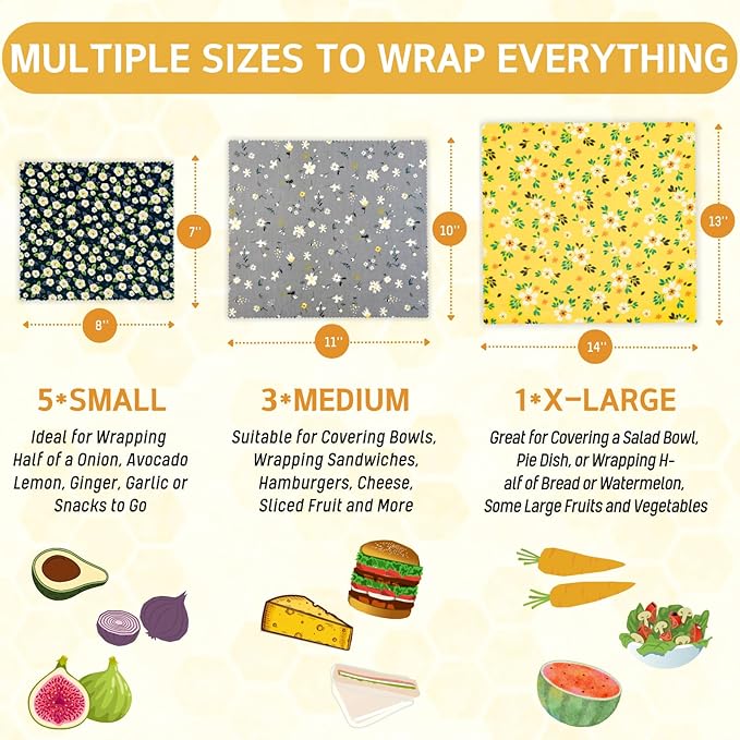 Reusable Beeswax Wrap - 9 Pack Beeswax Wraps for Food, Eco-Friendly Beeswax Food Wraps, Bread Sandwich Food Wrap - Organic, Sustainable, Zero Waste, Plastic-Free Food Storage, 1XL, 3M, 5S