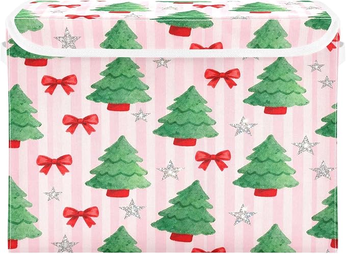 Christmas Tree Bows Stars Storage Bins with Lids Foldable Storage Basket with Handles Collapsible Large Fabric Organizer Containers for Clothes Shelves Closet Office Home