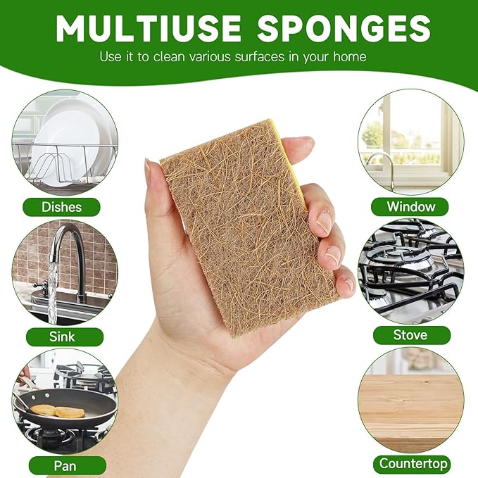 Rasket 10 Pack Biodegradable Natural Sponges Kitchen - Compostable Cellulose and Coconut Walnut Scrubber Sponge - Eco Friendly Sponges for Dishes
