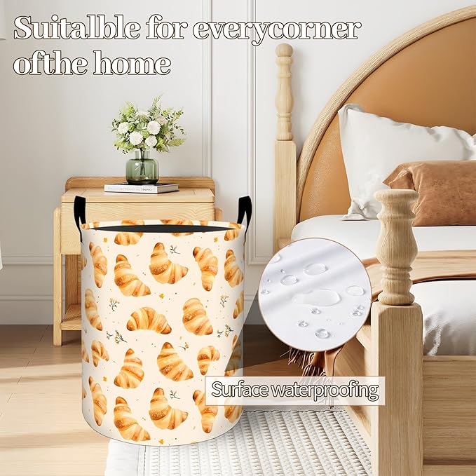 Delicious Croissant Pattern Laundry Basket 19.7"x15.7", Collapsible Dirty Clothes Waterproof Food Laundry Hamper Organizer Toy Storage Bin for Dorm Nursery Bathroom Decor