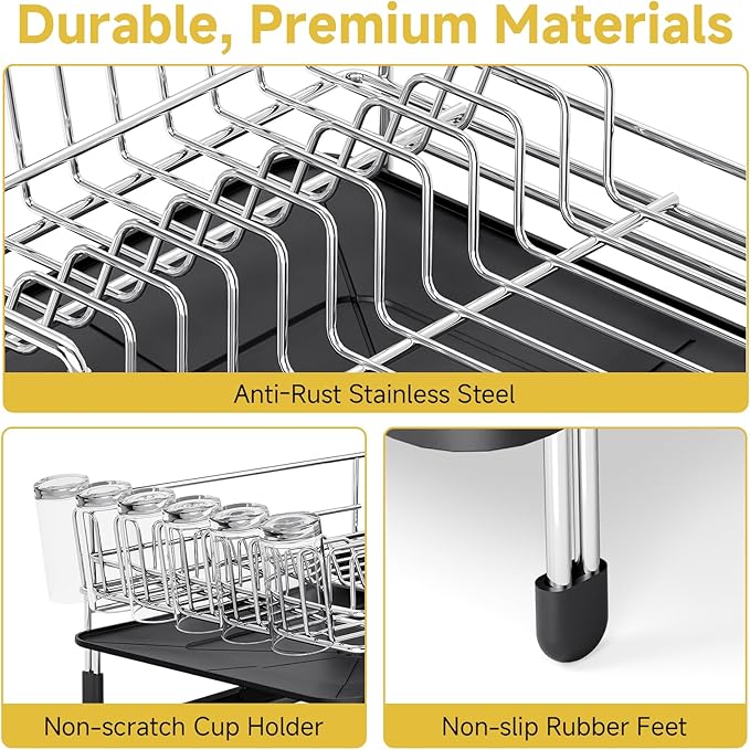 Urackify Large Dish Drying Rack - 304 Stainless Steel Dish Rack for Kitchen Counter, Extendable Dish Drainers with Cutlery & Cup Holders, Black