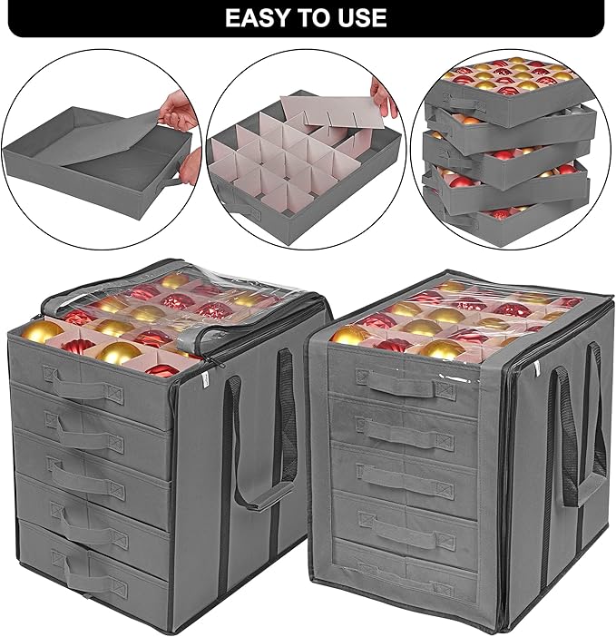 ProPik Christmas Ornament Storage Boxes with Dividers - 5 Separate Trays - Ornament Holder - Keeps 100 Holiday Ornaments - Durable Carrying Bag Handles Organizer Storage Box (Gray)