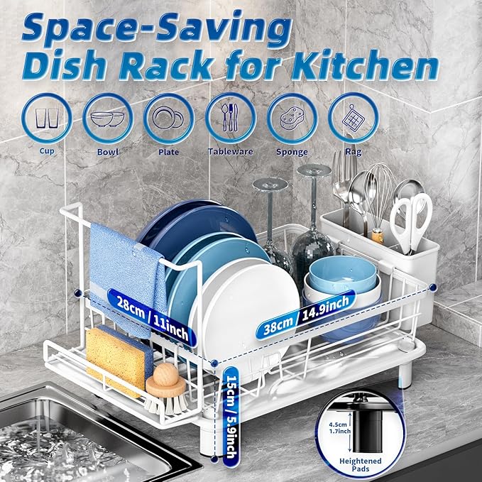 GAOKASE Compact Dish Drying Rack, Dish Drainers for Kitchen Counter with Sponge Rack, Kitchen Drying Rack with Drainboard, Utensil Holder and Automatic Drainage Drainboard, White