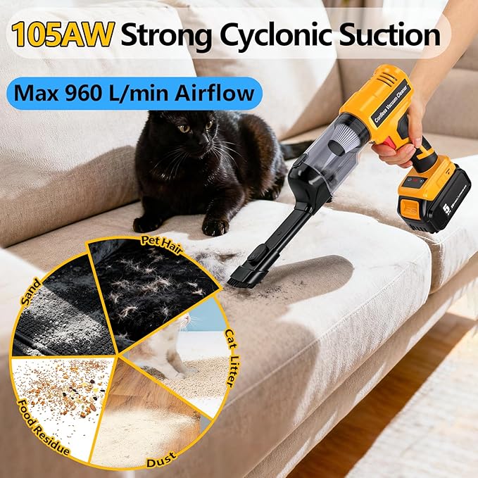Adisipsoarin Cordless Vacuum Cleaner for Dewalt 20V Battery, Electric Handheld Vacuum Cleaner with 105AW Powerful Suction, Portable Vacuum Cleaner for Floor, Carpet, Car, Home (Battery Not Included)