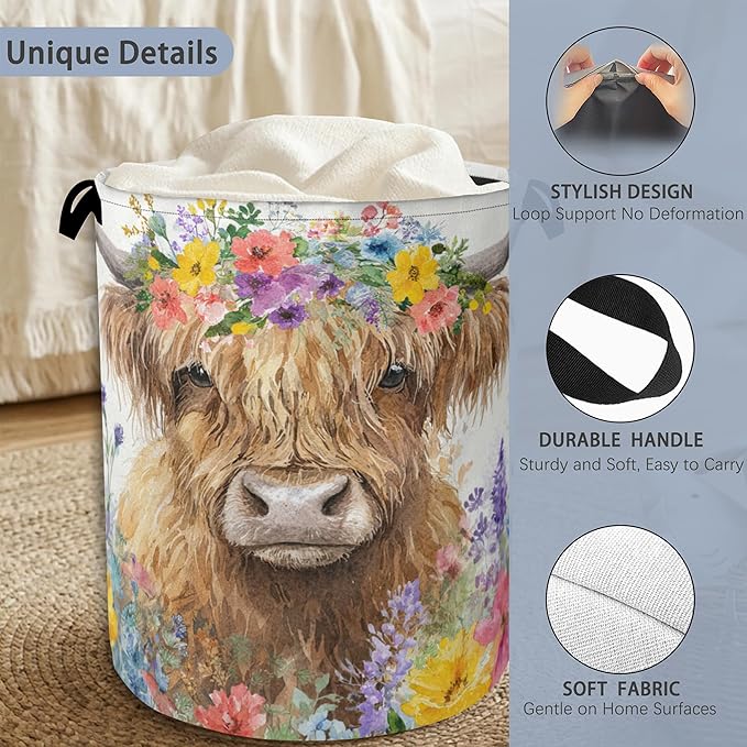 Hightland Cow Laundry Basket,Oxford Cloth Laundry Hamper with Handle Foldable Portable Clothes Storage Basket for Bathroom Bedroom Dorm Room 16" x 20.8"