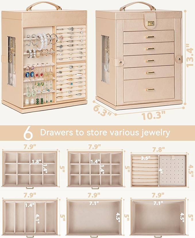 AKOZLIN Jewelry Box 360° Rotating 6-Tier Functional Jewelry Storage Case Organizer for Women Girls Ring Necklace Earring Bracelet Holder with Mirror