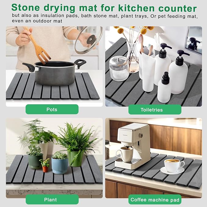Stone Drying Mat for Kitchen Counter, Large Foldable Diatomaceous Earth Dish Drying Rack, Absorbent Diatomaceous Quick Dry Stone Mat Kitchen Dishes Bottles Cups Bathroom Any Countertop 24"(L)×16"(W)