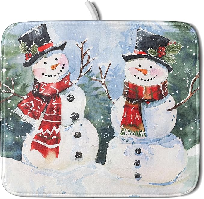 ABSOP Winter Dish Drying Mat 16 x 18 Inch Xmas Snowman Pattern Dish Drying Pad Absorbent Microfiber Mats for Christmas Dish Rack Pad for Kitchen Counter Coffee Bar Decor