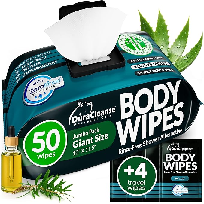 XL Body Wipes for Men - 50 No Rinse Shower Sheets + 4 Travel Bath Sachets - 10 x 11.5" After Gym Mens Deodorant Wipes - Adult Disposable Washcloths, Face Towels for Camping Essentials & Survival Gear