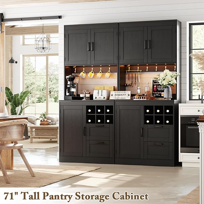 Unikito 72" Tall Pantry Cabinet, Kitchen Pantry Storage Cabinet with LED Light & Outlet, 63" Wide Kitchen Hutch Bar with Microwave Stand, Drawers, Wine Rack & Shelves, Cupboard for Dining Room, White