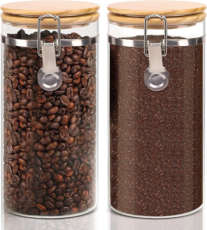EQEY Glass Storage Jars Set Elegant Containers with Airtight Bamboo Lids, Perfect for Kitchen Organization - Flour, Rice, Pasta, Sugar, Coffee Beans, Accessories Included (Coffee Jar x 2)