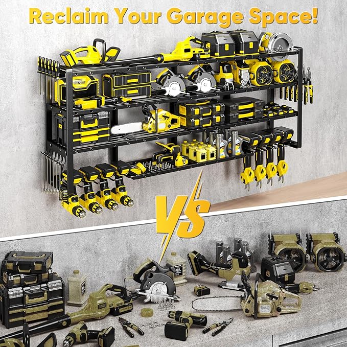 POKIPO Extra Large 64" W Power Tool Organizer Wall Mount, Load 1000 lbs, Heavy Duty 4 Tier Garage Storage Rack with 8 Drill Holders, 2 in 1 Corner or Straight Installation, Gift for Men