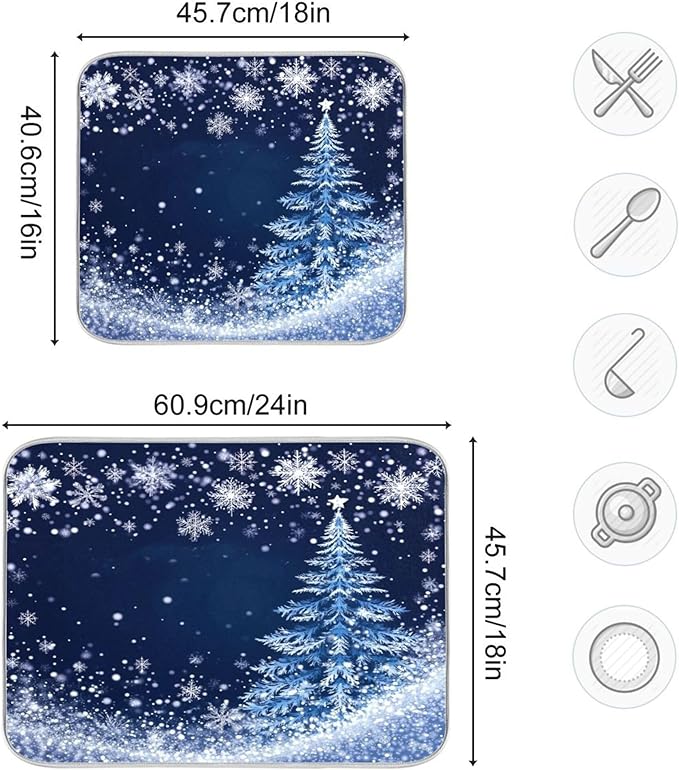 Christmas Tree Blue Dish Drying Mat for Kitchen Countertop 18x24 Winter Snowflake Silver Xmas Large Drying Mat Reusable Quick Dry Dish Sink Mats Easy Clean Decorative Essentials