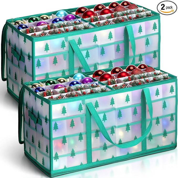 Hosuly 2 Pcs Plastic Christmas Ornaments Storage Box with Dividers, Zippers, 8 Trays,128 Slots, Christmas Storage Containers Xmas Ornaments Organizer for Holiday Balls Ornaments(Christmas Tree)