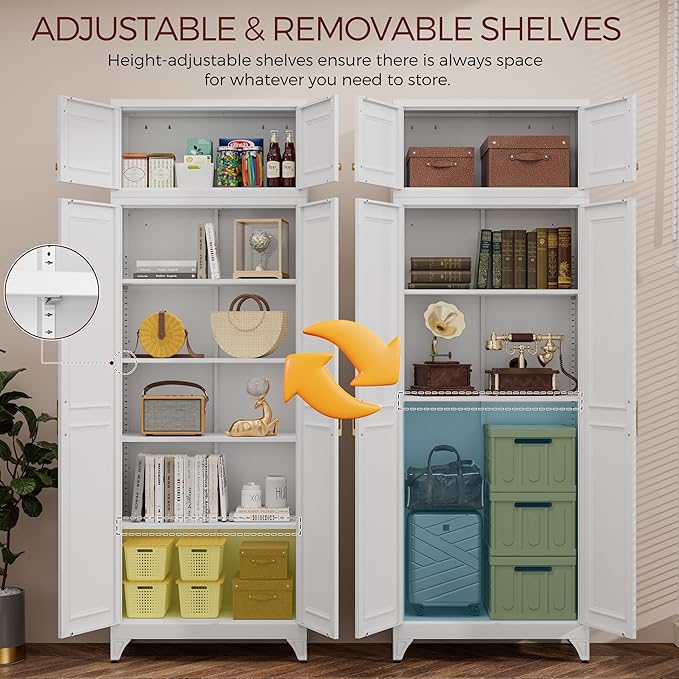 Metal Storage Cabinet, 90" White Pantry Cabinet with 4 Doors and 4 Adjustable Shelves, Tall Cabinets for Dinning Living Room and Dining Room