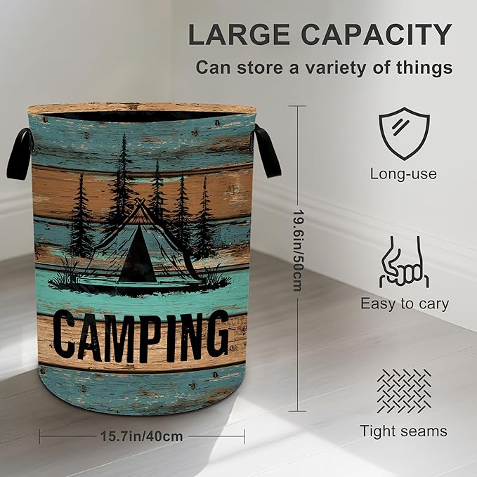 Wood Print Camping Laundry Basket Storage Bin Foldable Laundry Hamper Clothes Storage Bucket Organizer 19.6x15.7 Inch For Laundry Room/Bedroom/Bathroom