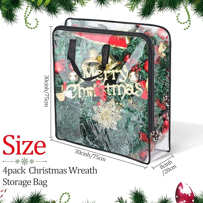 4 Pcs Christmas Wreath Storage Container Clear Organizer Bag for Xmas Moving With Handles and Dual Zipper Holder Plastic Tote (24 x 7 Inch)