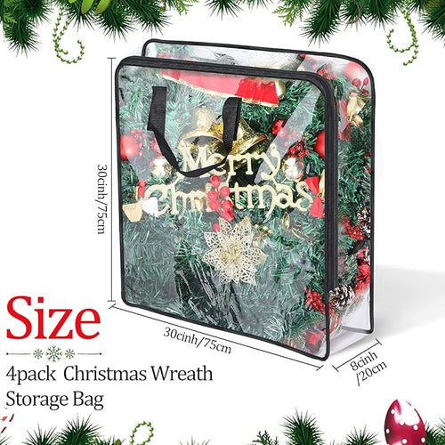 4 Pcs Christmas Wreath Storage Container Clear Organizer Bag for Xmas Moving With Handles and Dual Zipper Holder Plastic Tote (24 x 7 Inch)