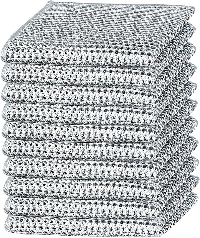 xingjieyun 10-Pack Double-Layer Dry/Wet Dual-Use Metal Wire Non-Scratch Cloth Multi-Purpose Magic Cleaning Cloth Silver Wire Dish Cloth for Cookware, Tableware, Sink, Stove Cleaning, etc.(10PCS)